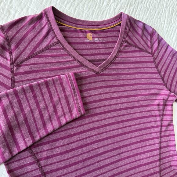 Carhartt Shirt Women’s M 8/10 Purple Striped Long Sleeve V-Neck Basic Tee - Picture 1 of 9
